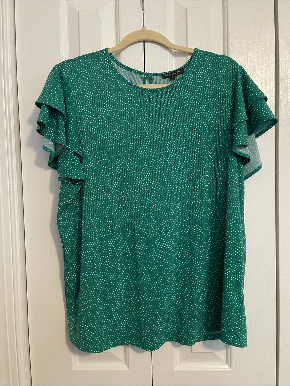 Adrianna Papell Green Polka Dot Ruffle Sleeve Top